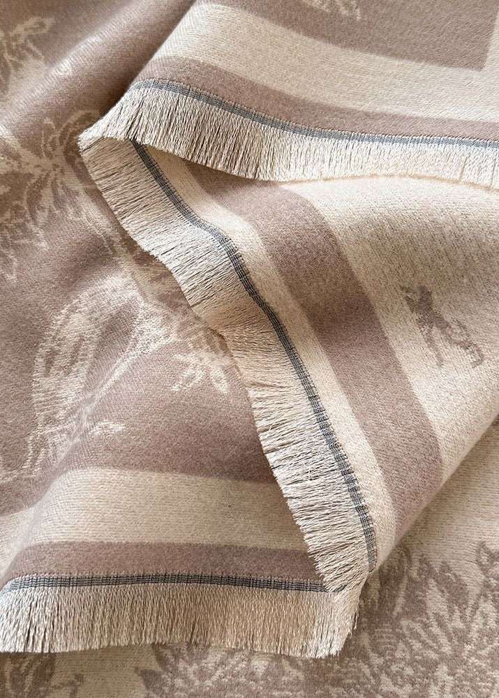 Botanical & Butterfly Print Fringe Scarf in Black and Beige