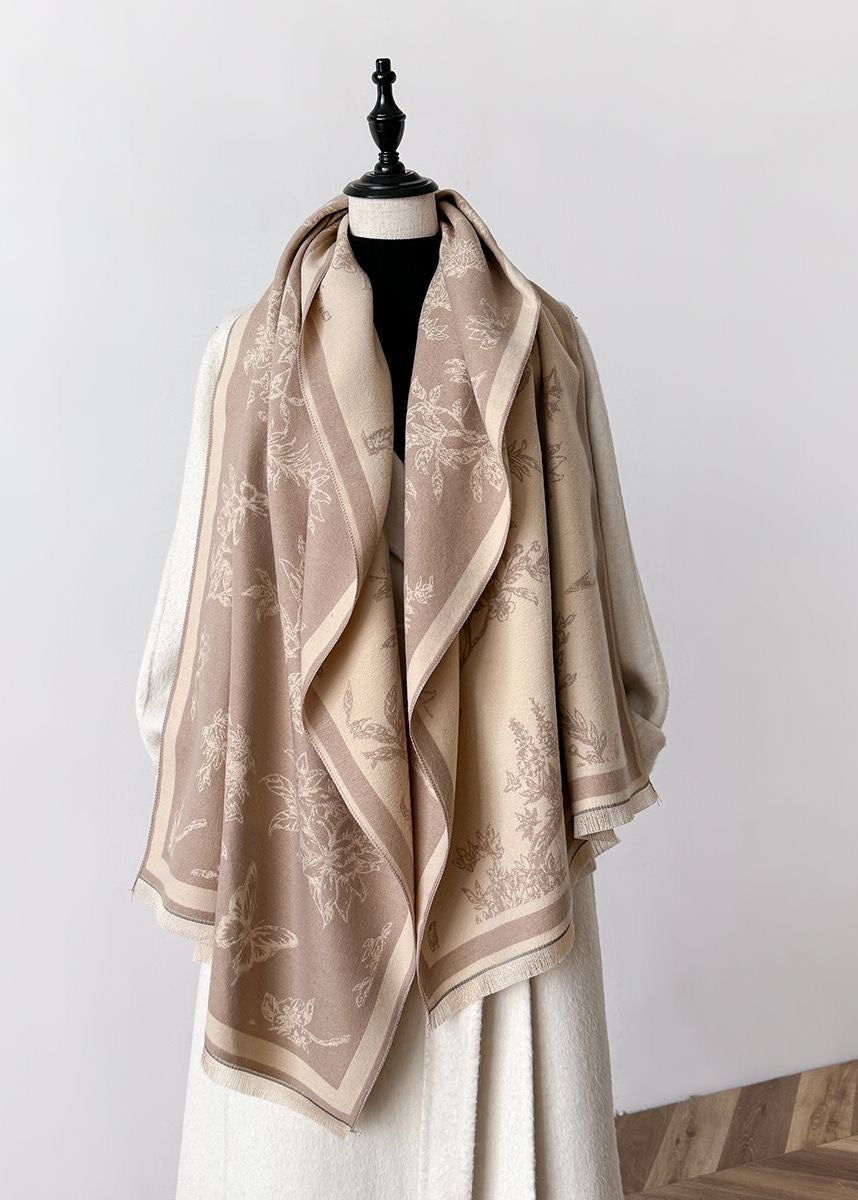 Botanical & Butterfly Print Fringe Scarf in Black and Beige
