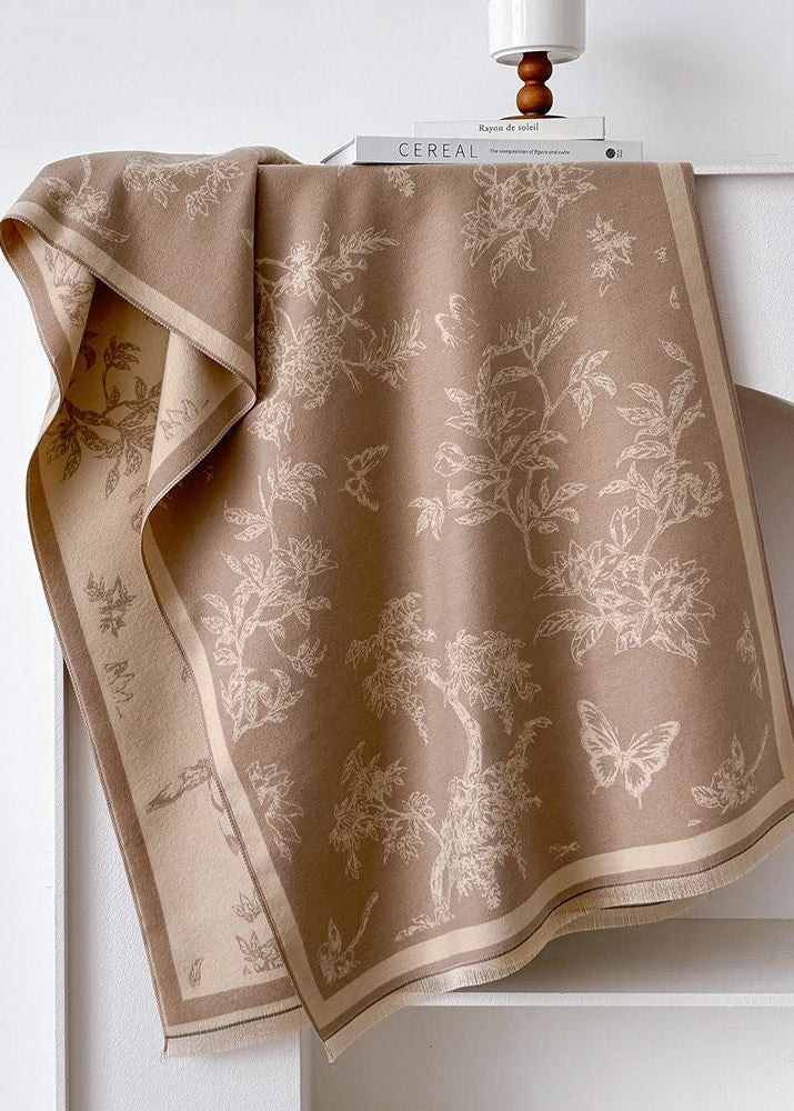 Botanical & Butterfly Print Fringe Scarf in Black and Beige