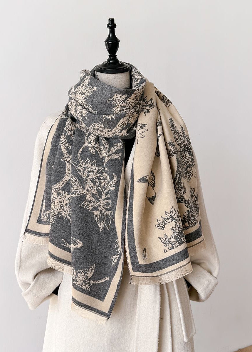 Botanical & Butterfly Print Fringe Scarf in Black and Beige