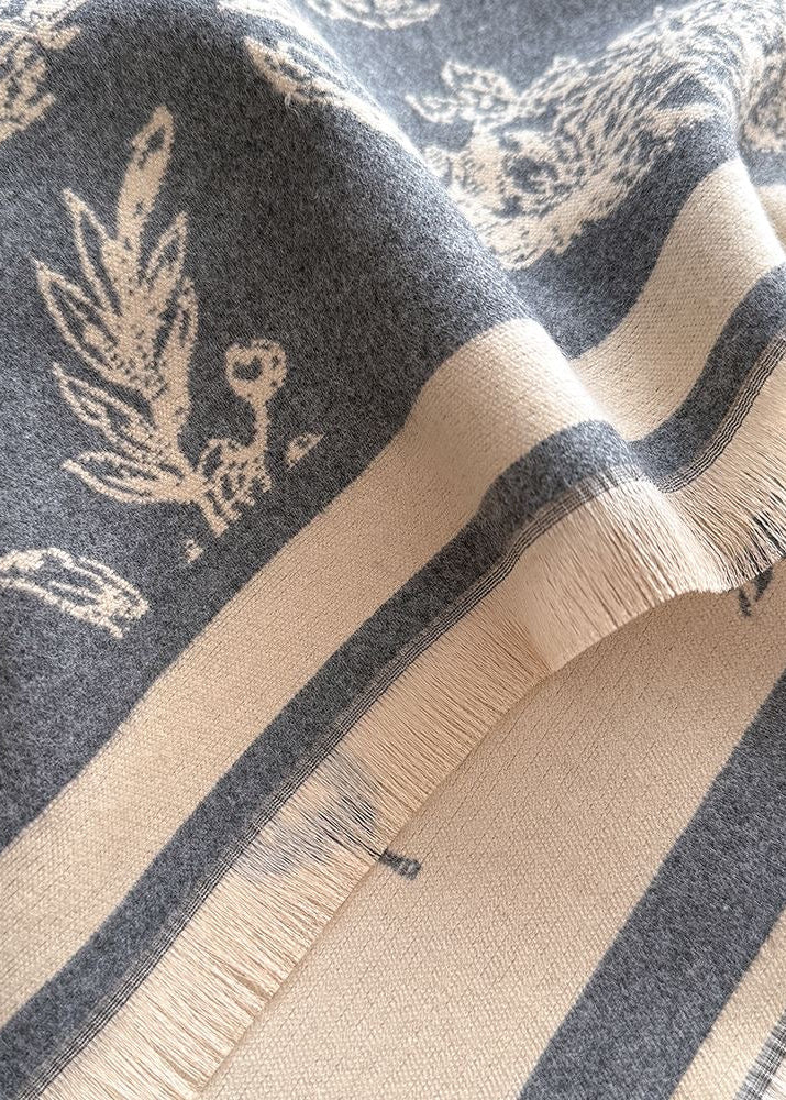 Botanical & Butterfly Print Fringe Scarf in Black and Beige