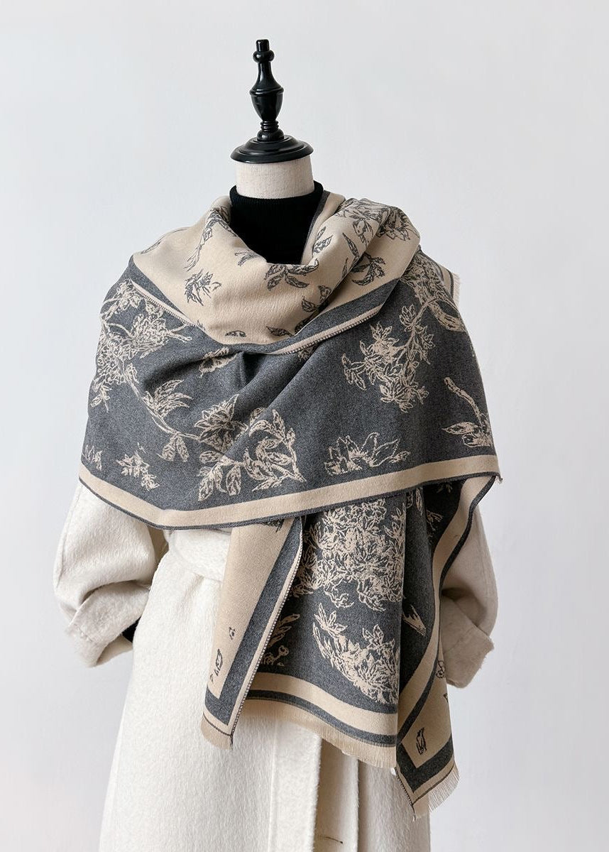 Botanical & Butterfly Print Fringe Scarf in Black and Beige