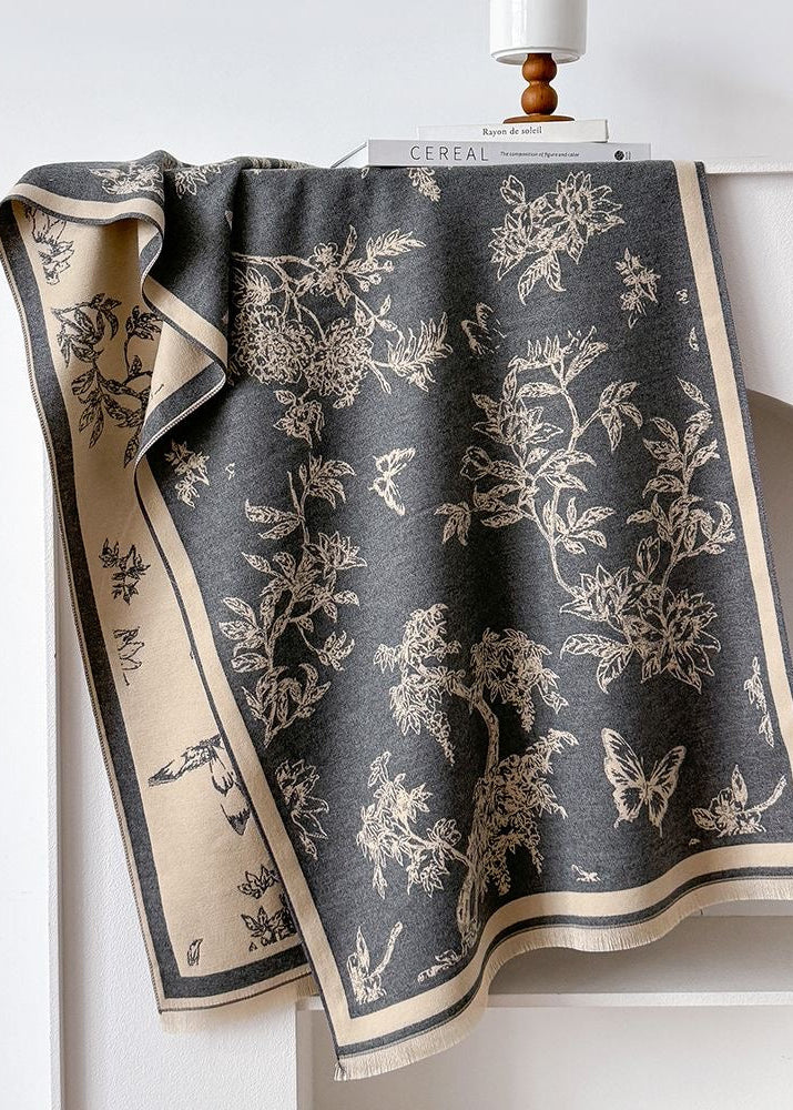 Botanical & Butterfly Print Fringe Scarf in Black and Beige
