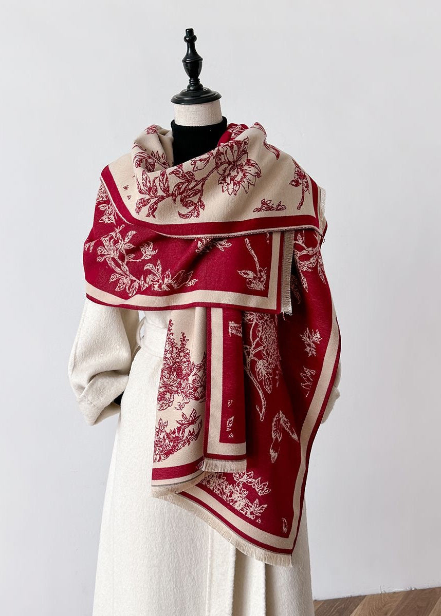 Botanical & Butterfly Print Fringe Scarf in Black and Beige