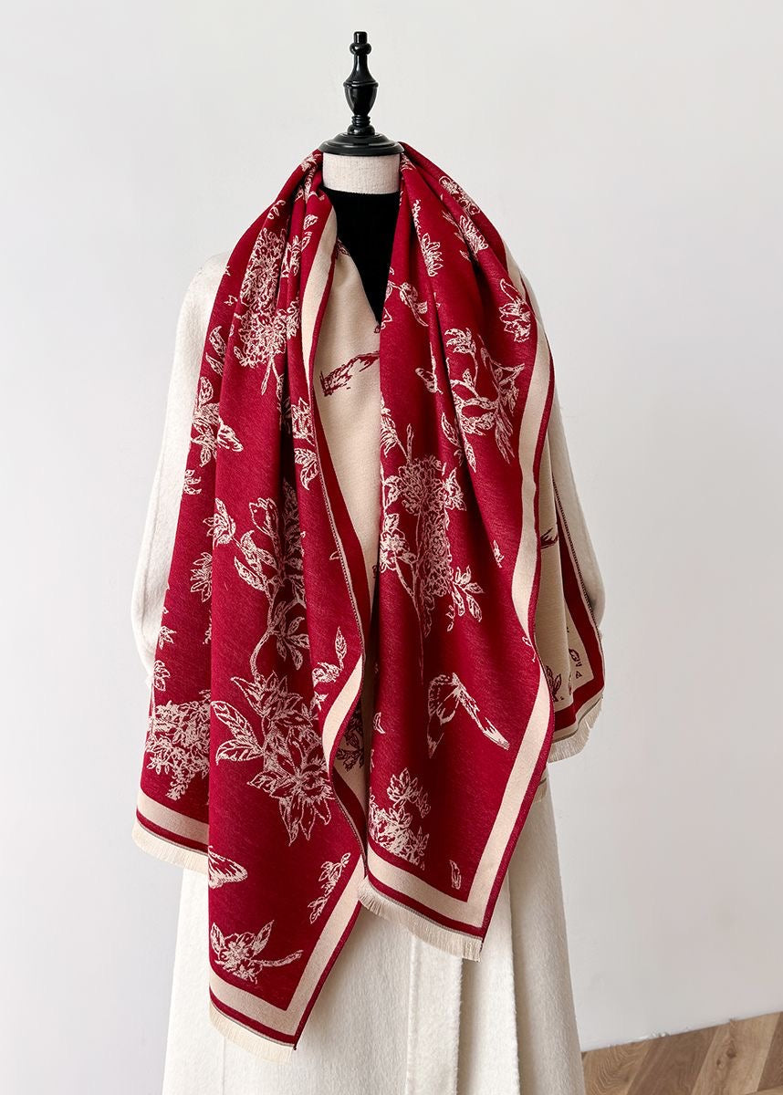 Botanical & Butterfly Print Fringe Scarf in Black and Beige