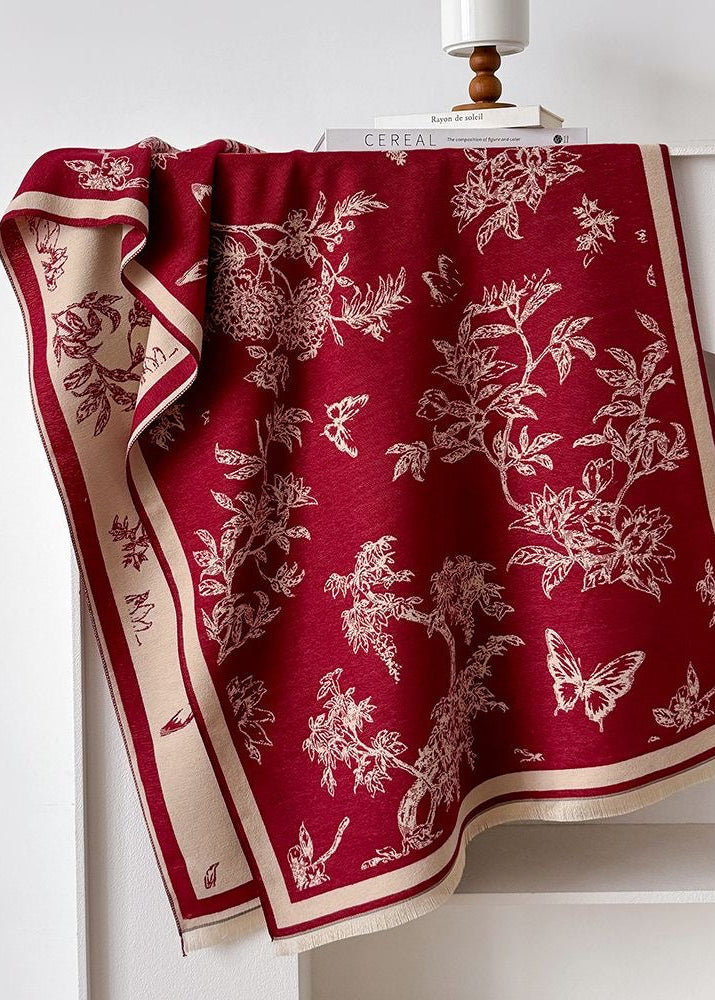 Botanical & Butterfly Print Fringe Scarf in Black and Beige