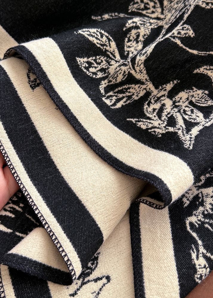 Botanical & Butterfly Print Fringe Scarf in Black and Beige