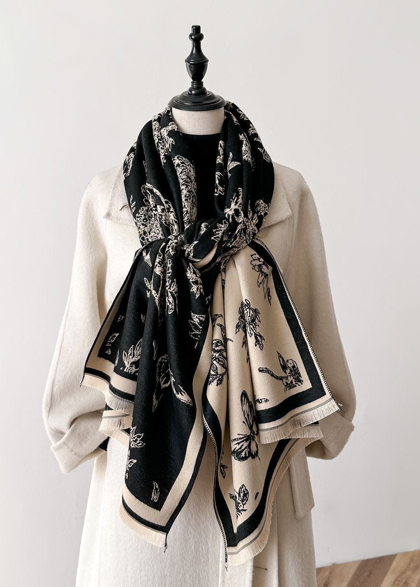 Botanical & Butterfly Print Fringe Scarf in Black and Beige