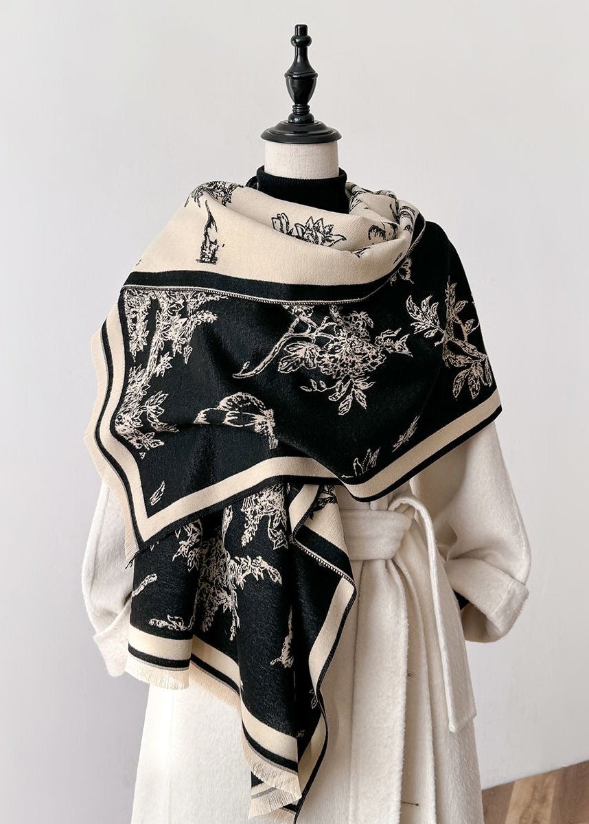 Botanical & Butterfly Print Fringe Scarf in Black and Beige