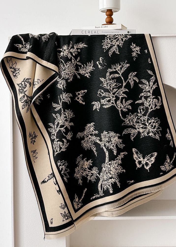Botanical & Butterfly Print Fringe Scarf in Black and Beige