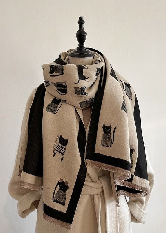 Reversible Cat Print Fringe Scarf in Blue and Orange