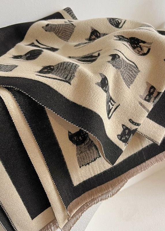 Reversible Cat Print Fringe Scarf in Blue and Orange