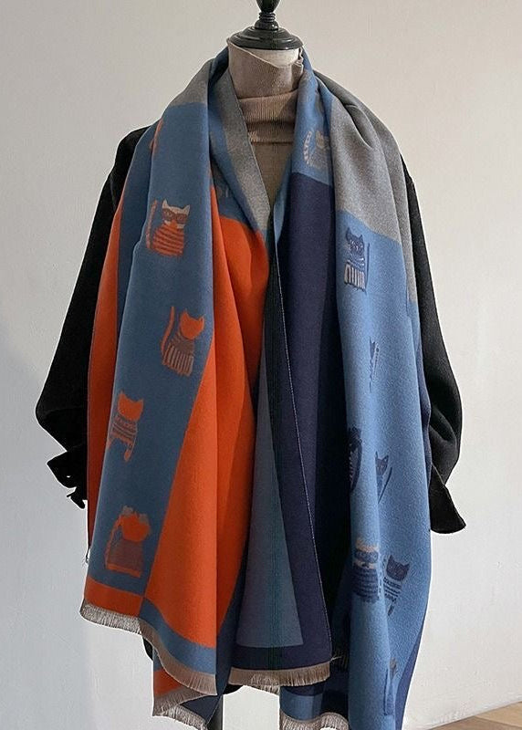 Reversible Cat Print Fringe Scarf in Blue and Orange