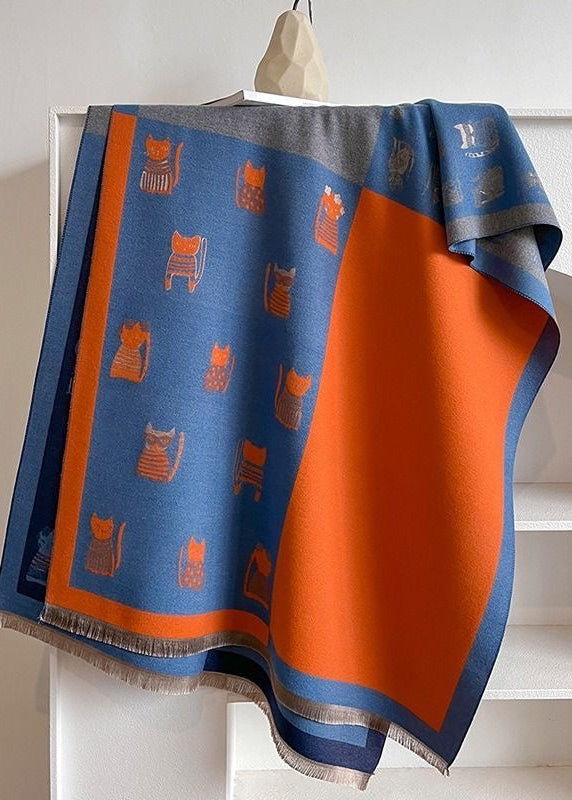 Reversible Cat Print Fringe Scarf in Blue and Orange