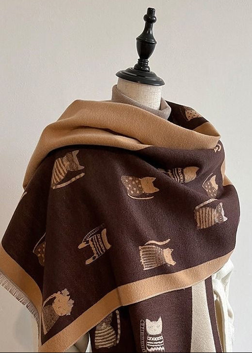 Reversible Cat Print Fringe Scarf in Blue and Orange