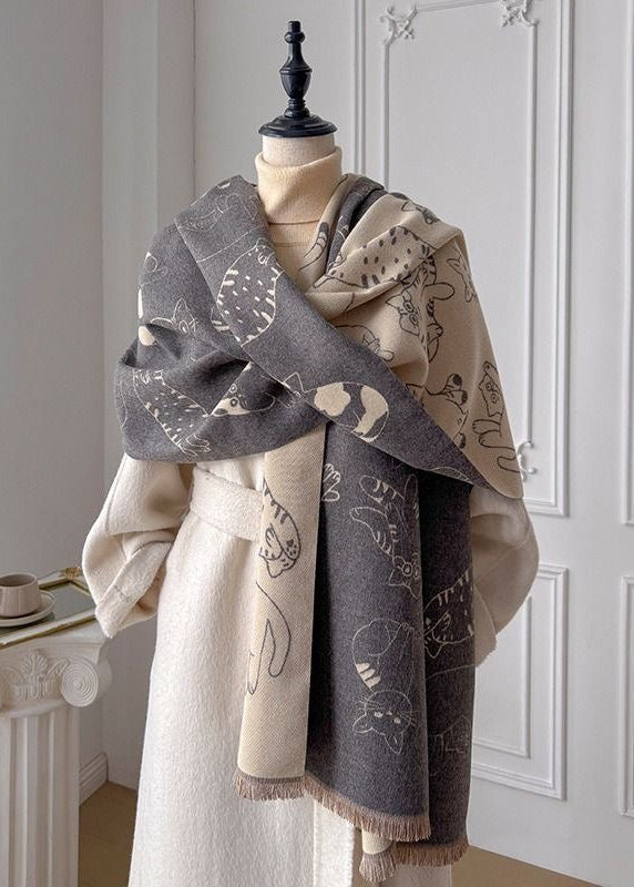 Reversible Cat Print Fringe Scarf in Black and Beige