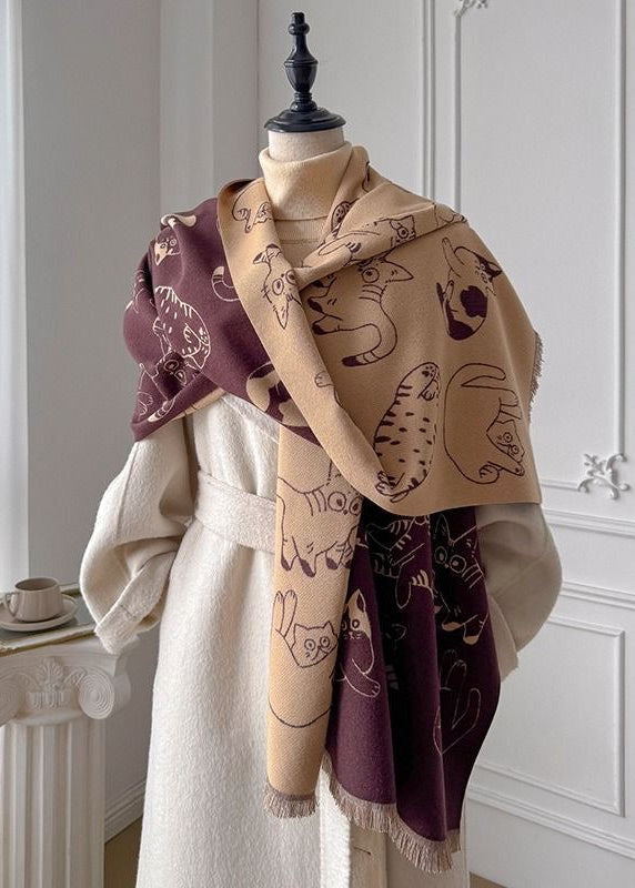 Reversible Cat Print Fringe Scarf in Black and Beige