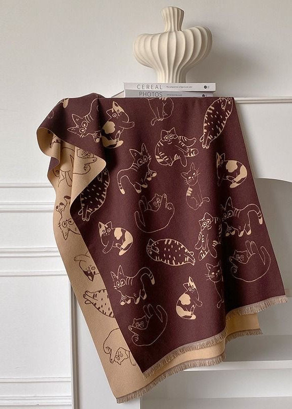 Reversible Cat Print Fringe Scarf in Black and Beige