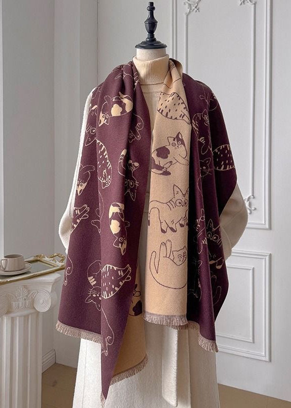 Reversible Cat Print Fringe Scarf in Black and Beige