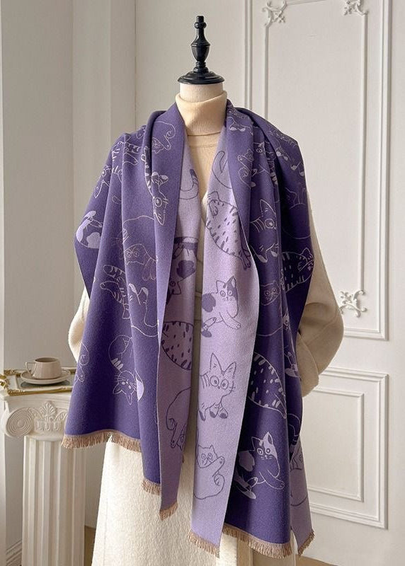 Reversible Cat Print Fringe Scarf in Black and Beige