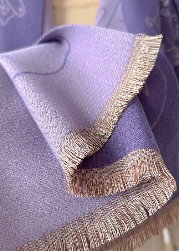 Reversible Cat Print Fringe Scarf in Black and Beige