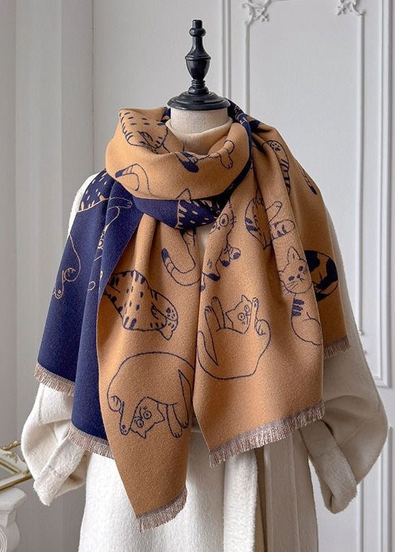 Reversible Cat Print Fringe Scarf in Black and Beige