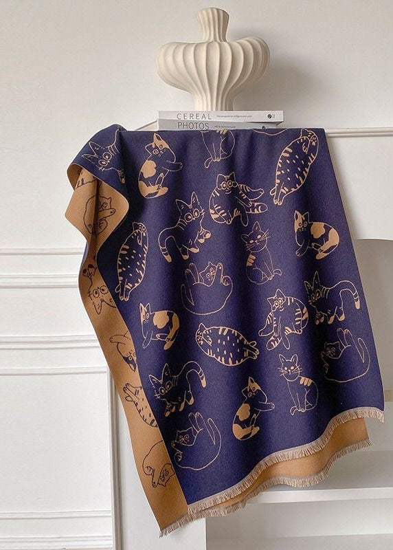 Reversible Cat Print Fringe Scarf in Black and Beige