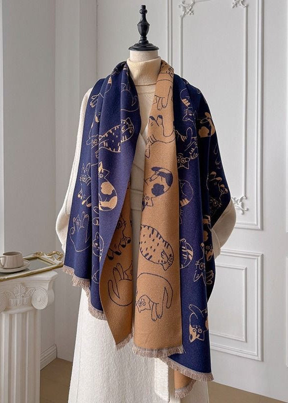 Reversible Cat Print Fringe Scarf in Black and Beige