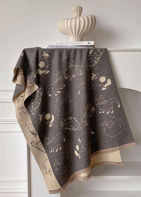 Reversible Cat Print Fringe Scarf in Black and Beige