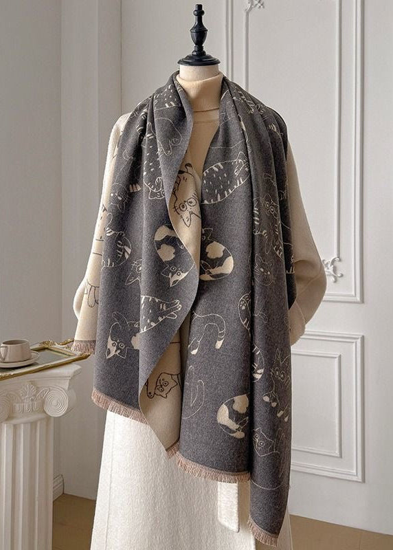 Reversible Cat Print Fringe Scarf in Black and Beige