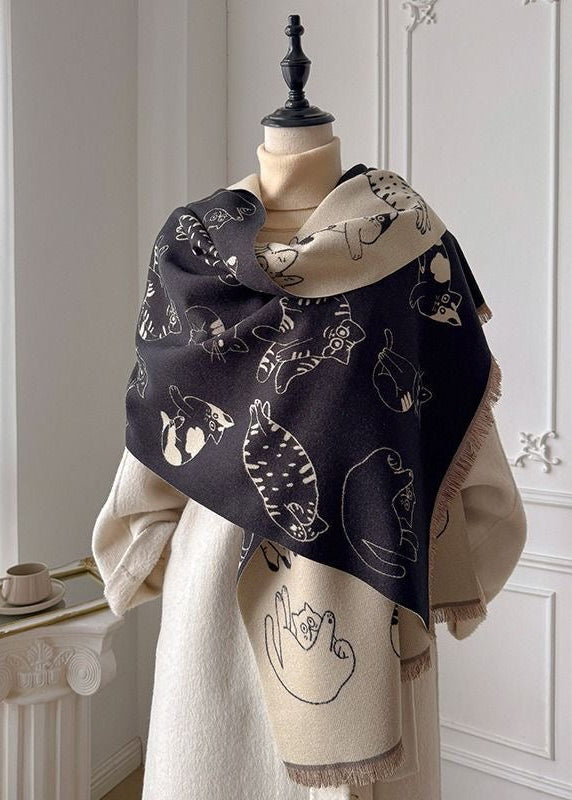 Reversible Cat Print Fringe Scarf in Black and Beige
