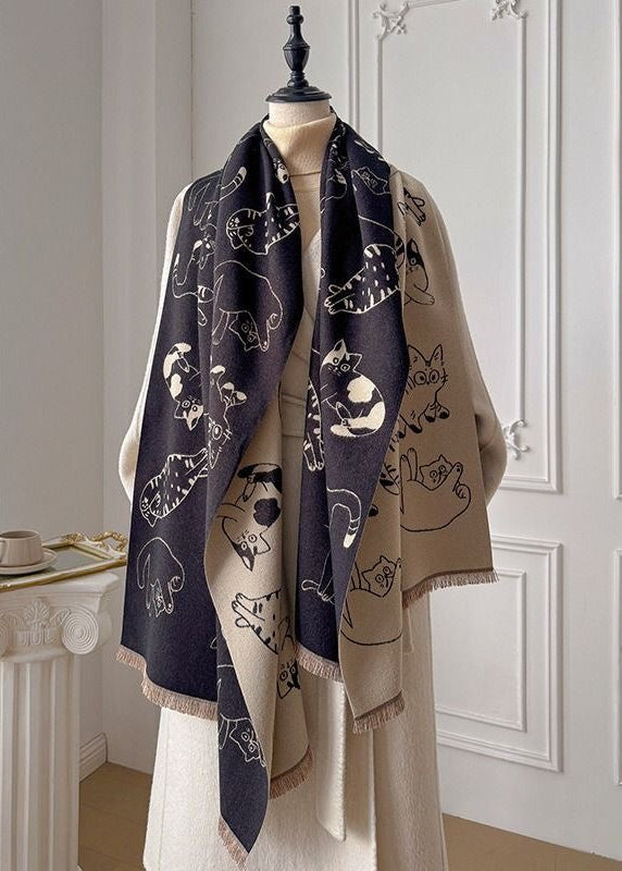 Reversible Cat Print Fringe Scarf in Black and Beige