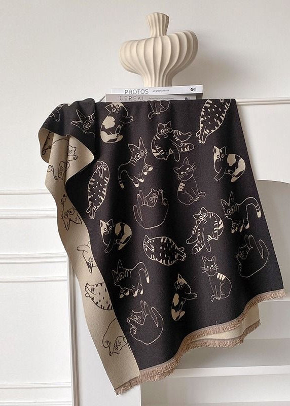 Reversible Cat Print Fringe Scarf in Black and Beige