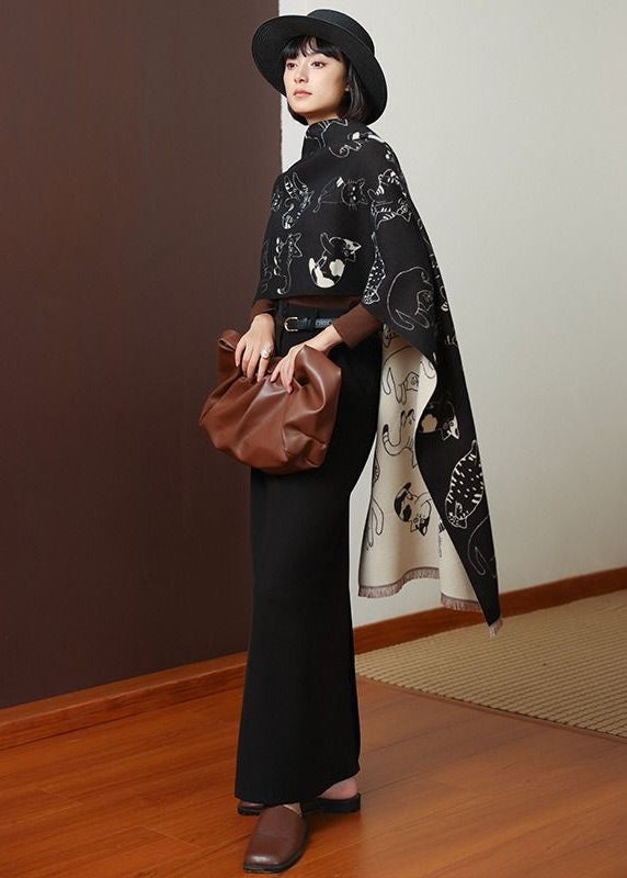 Reversible Cat Print Fringe Scarf in Black and Beige