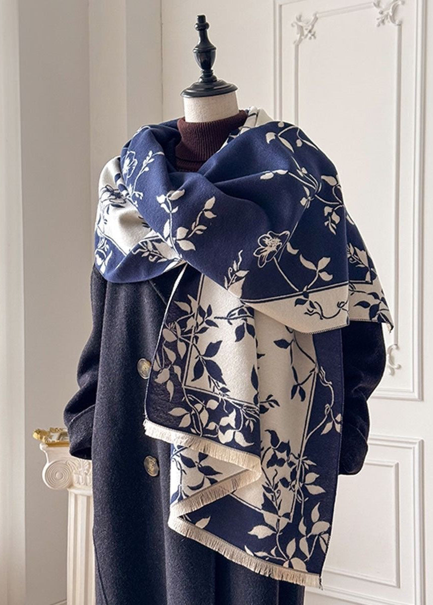 Reversible Floral Fringe Scarf in Navy and Ivory