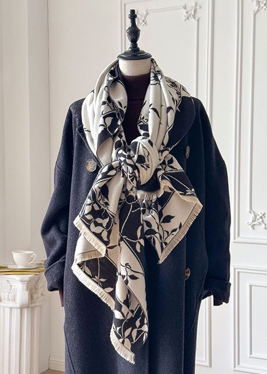 Reversible Floral Fringe Scarf in Navy and Ivory