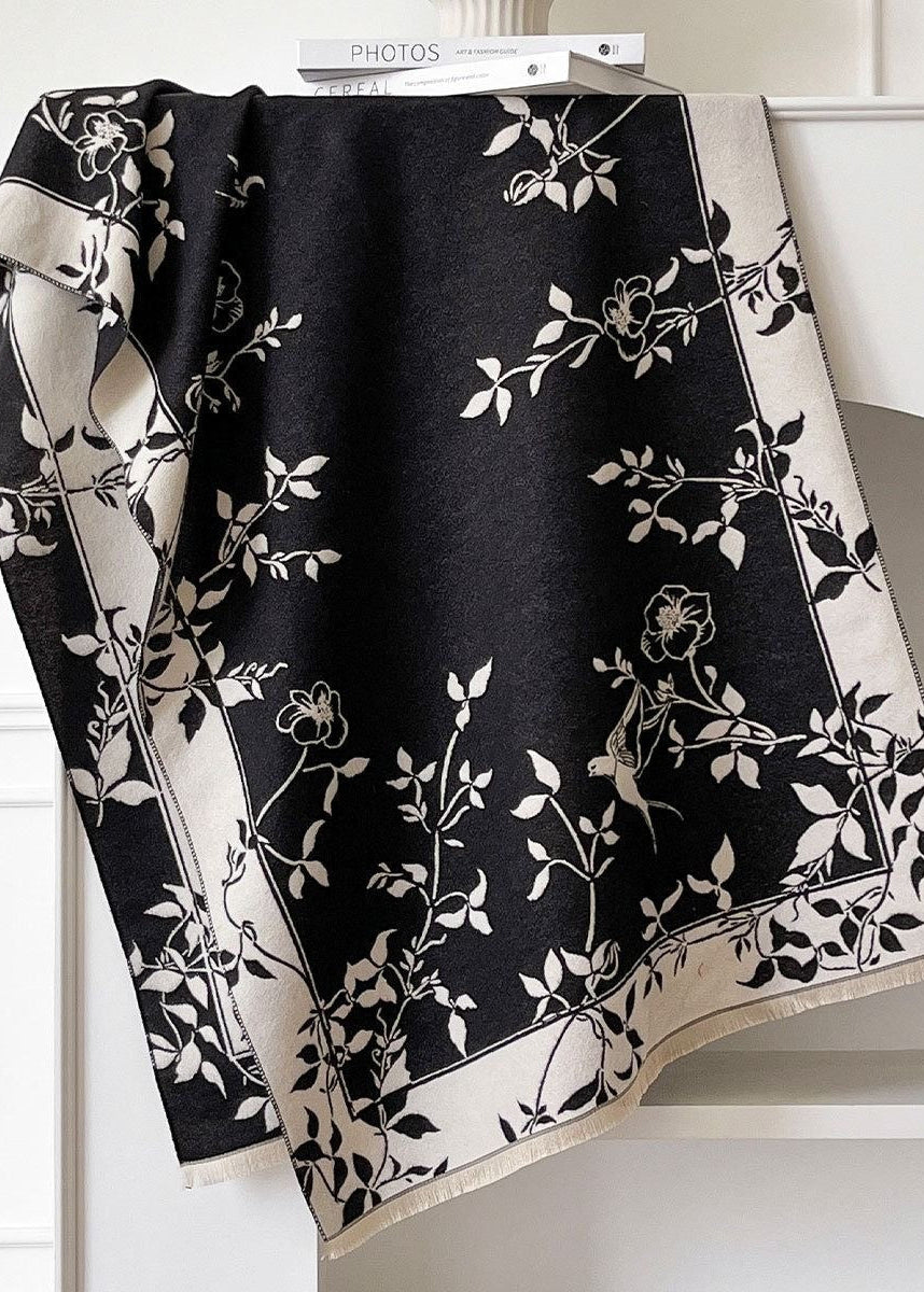Reversible Floral Fringe Scarf in Navy and Ivory