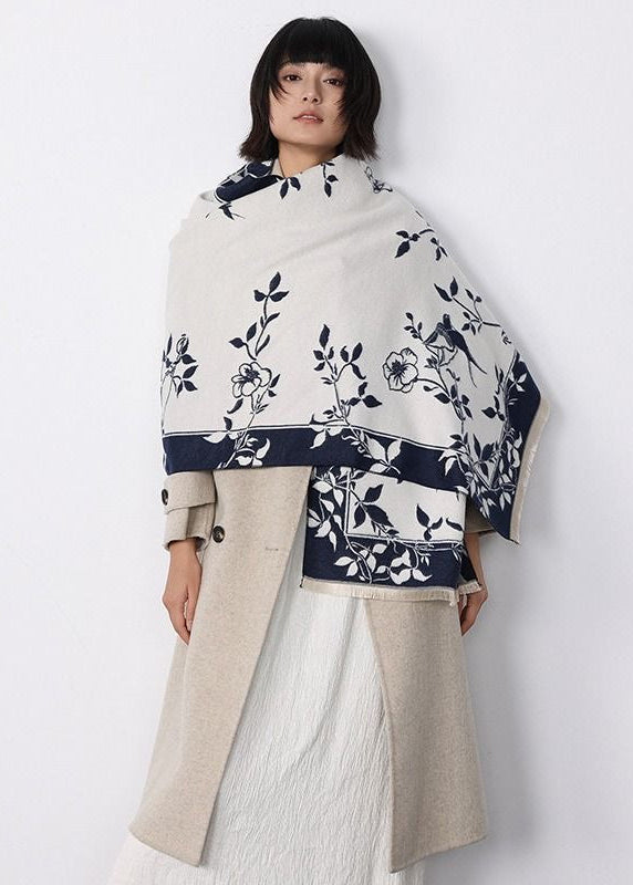 Reversible Floral Fringe Scarf in Navy and Ivory