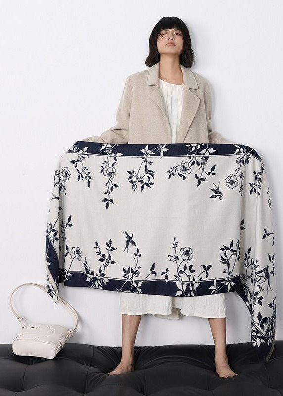 Reversible Floral Fringe Scarf in Navy and Ivory