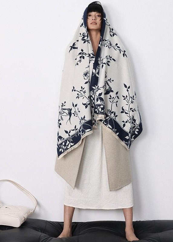 Reversible Floral Fringe Scarf in Navy and Ivory