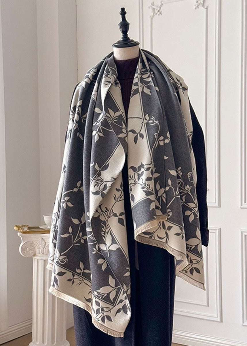 Reversible Floral Fringe Scarf in Navy and Ivory