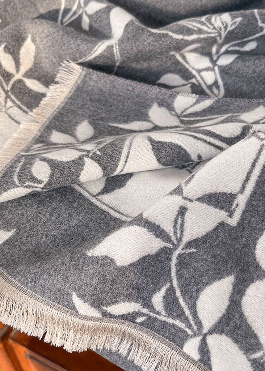 Reversible Floral Fringe Scarf in Navy and Ivory