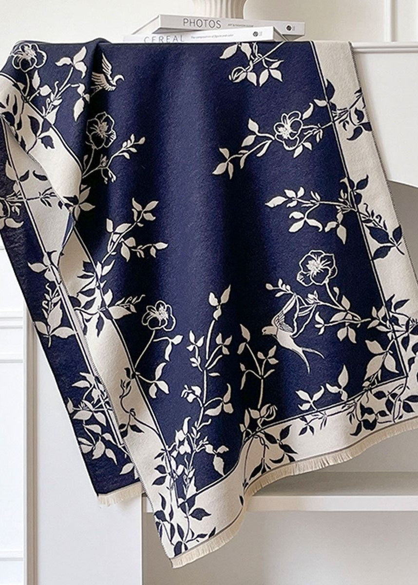 Reversible Floral Fringe Scarf in Navy and Ivory