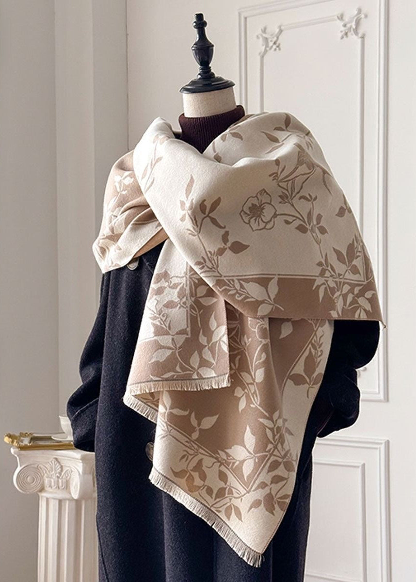 Reversible Floral Fringe Scarf in Navy and Ivory
