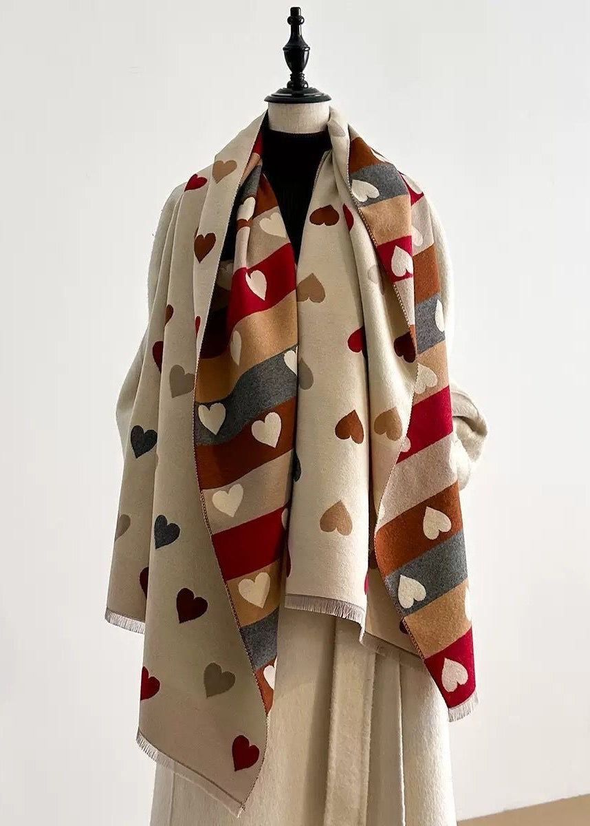 Reversible Heart Print Scarf with Multicolor Stripes
