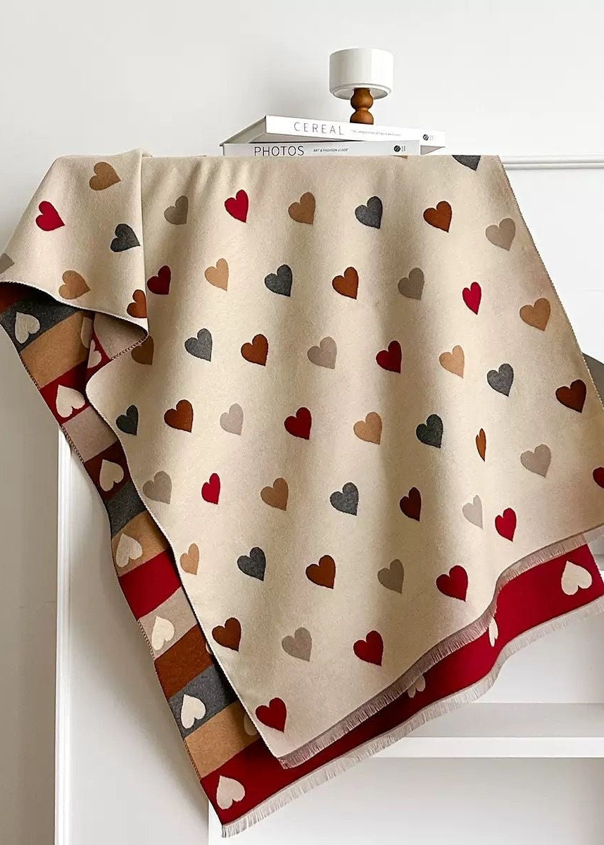 Reversible Heart Print Scarf with Multicolor Stripes