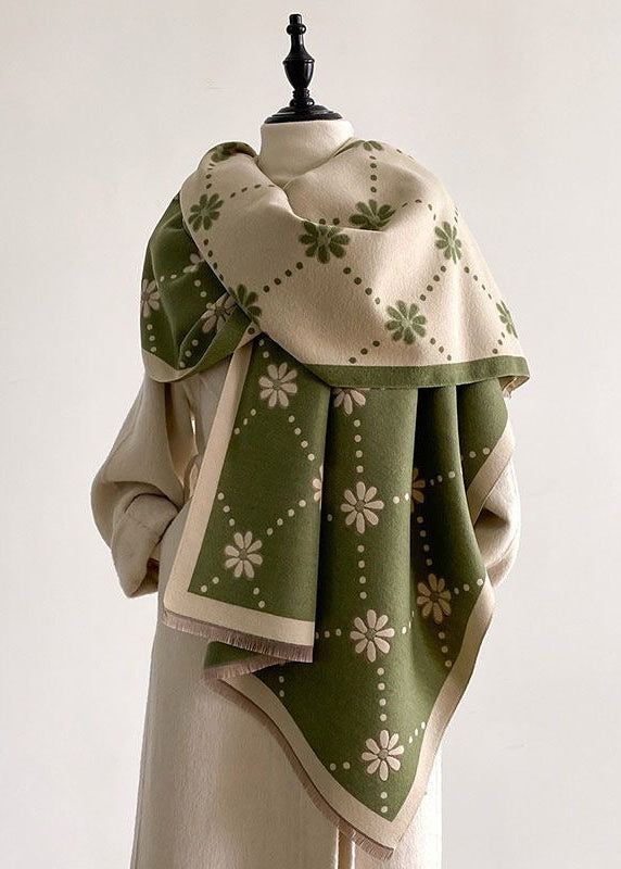 Reversible Daisy Print Fringe Scarf in Olive Green and Ivory
