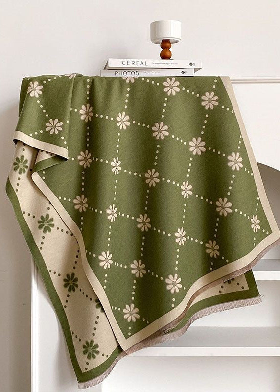 Reversible Daisy Print Fringe Scarf in Olive Green and Ivory