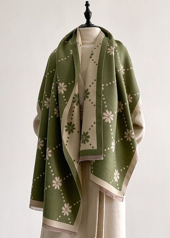 Reversible Daisy Print Fringe Scarf in Olive Green and Ivory