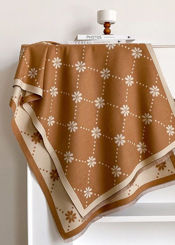 Reversible Daisy Print Fringe Scarf in Olive Green and Ivory